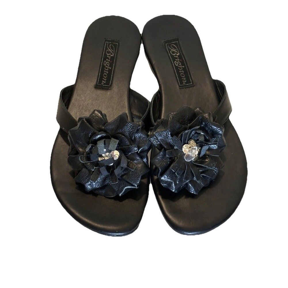 Brighton Astor Sandals Black Leather Flower Flip Flop size 6.5 Vacay Beach Woman